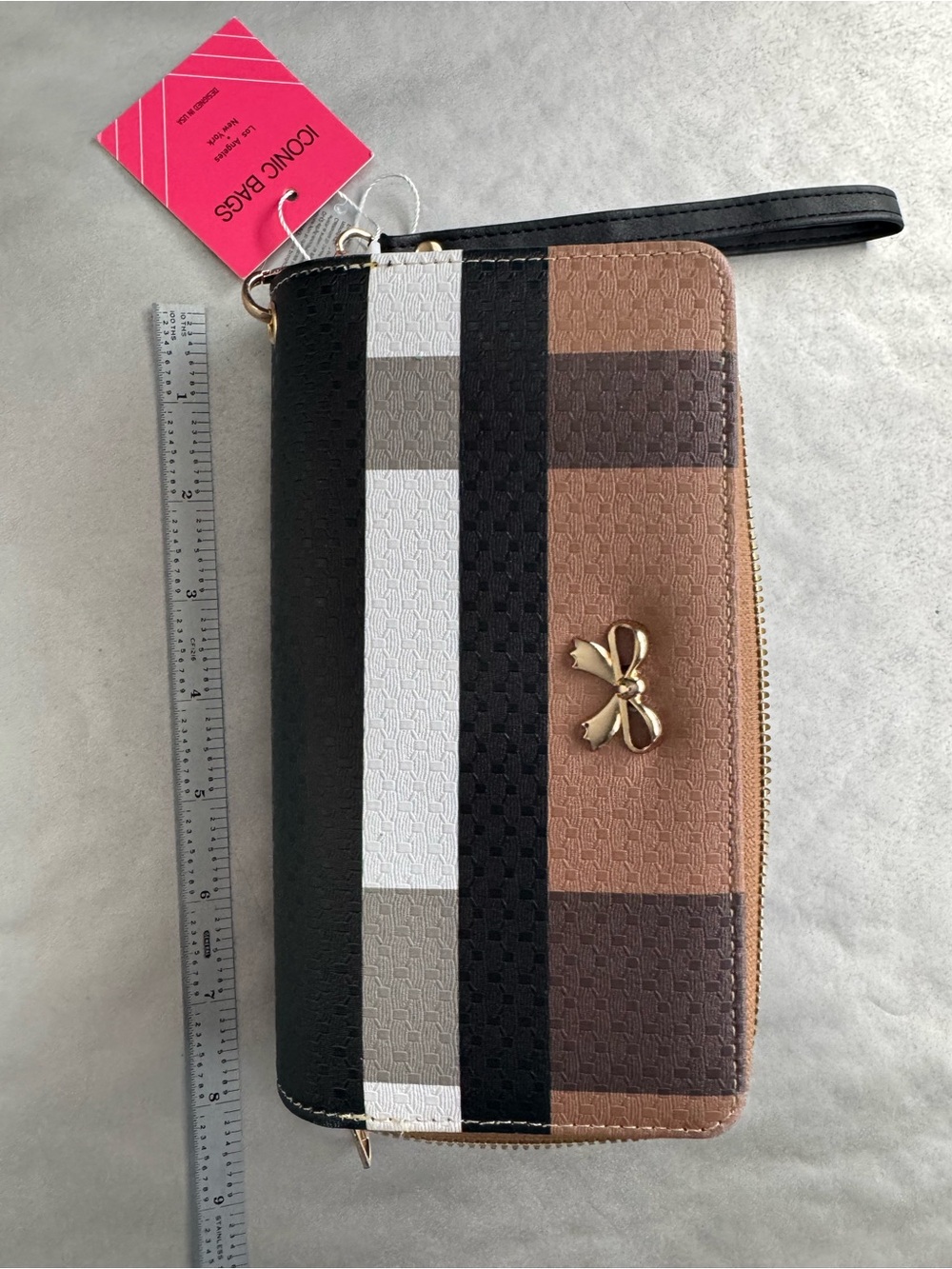 Striped Bow Zip Wristlet Clutch - Black, White & Brown